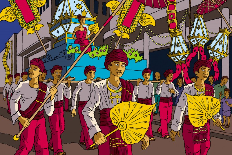 Illustration of Loi Krathong, a festival celebrated annually throughout southwestern Tai cultures.